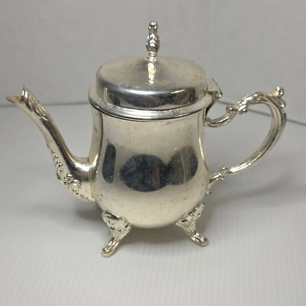 Vintage Silver Plate Mini Teapot Creamer Ornate Footed Hinged Lid Unmarked